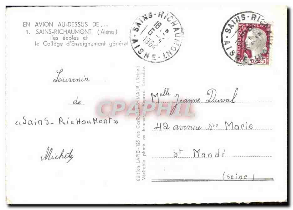 Sains-RichauMont — Collège d'Enseignement général — Édition Lapie — Verso