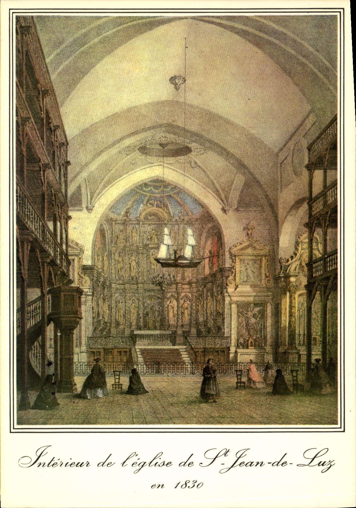 Intérieur de l'église de St-Jean-de-Luz — gravure de 1830 — Élécoeur