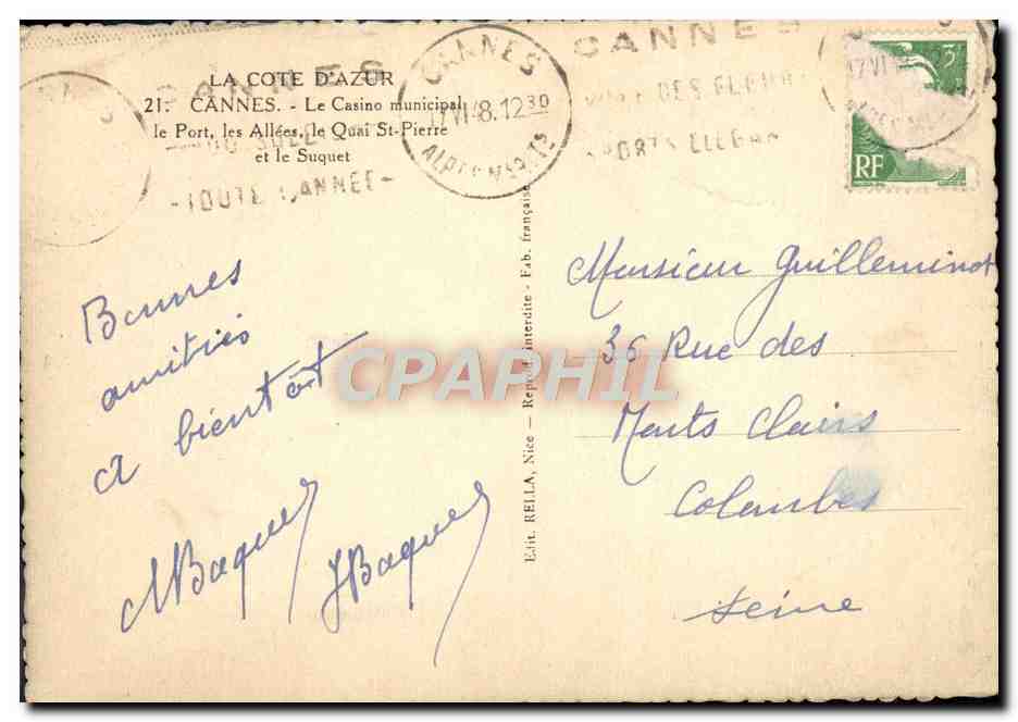 CPM La Cote d'Azr Cannes Le Casino — Rückseite
