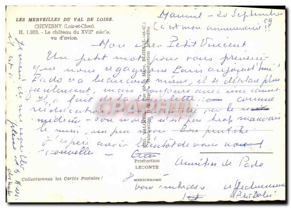 CPM Les Merveilles Du Val e Loire Cheverny Le Chateau Vu d'Avion — Rückseite