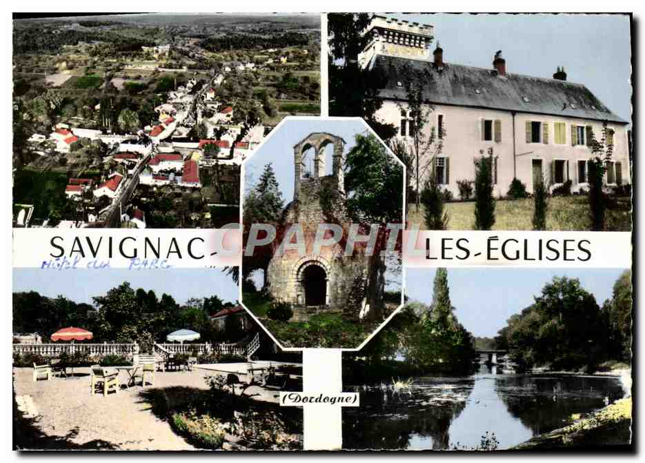 Savignac-les-Églises — vue aérienne, château, église romane et étang — éditeur CPAPHIL, n° 12 C - Anverso