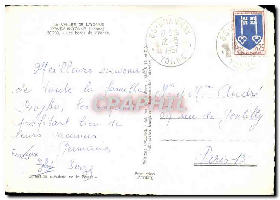 CPM La Vallee De L'Yonne Pont Sur Yonne Les Bords De l'Yonne — Back