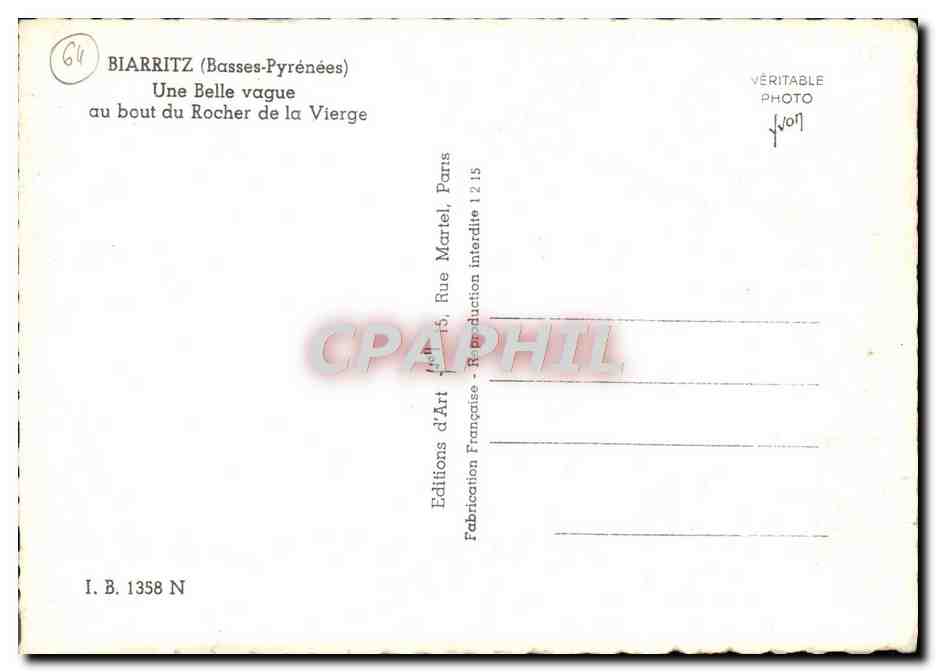 Biarritz (Basses-Pyrénées) — Une Belle vague au bout du Rocher de la Vierge — Éditions d'Art Martel, Paris — Verso