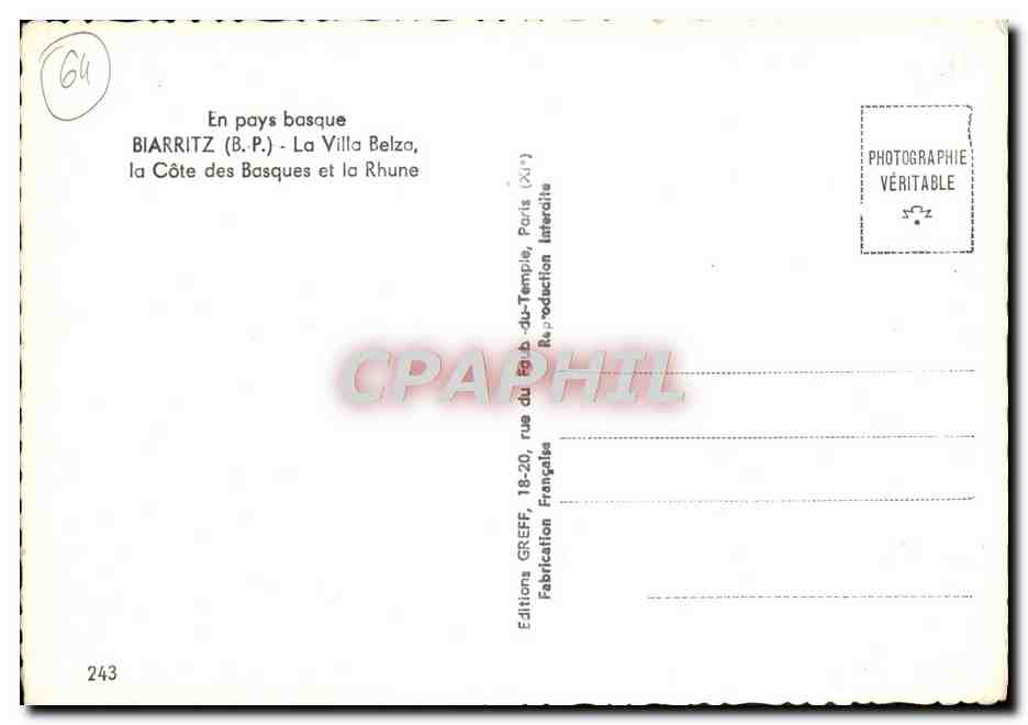 CPM En Pays BasqueBiarritz La Villa Belzo La Cote Des Basques Et La Rhune — Rückseite