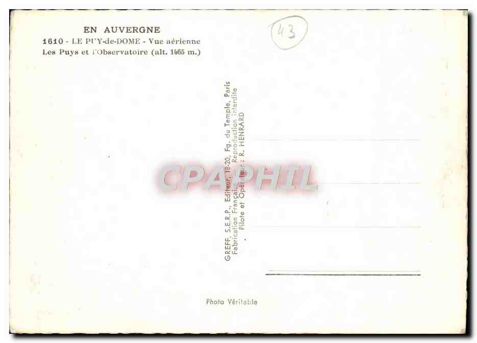 Les Puys et l'Observatoire — Le Puy-de-Dôme — Vue aérienne — Éditeur : Greff, Paris — Verso