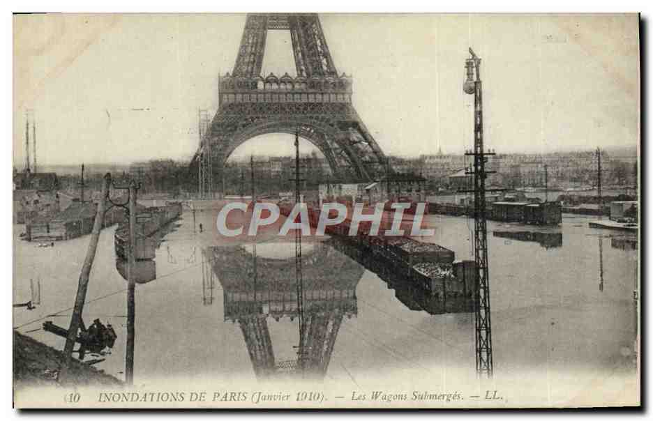 Antike Ansichtskarte Überschwemmungen in Paris untergetauchte Wagen Eiffelturm