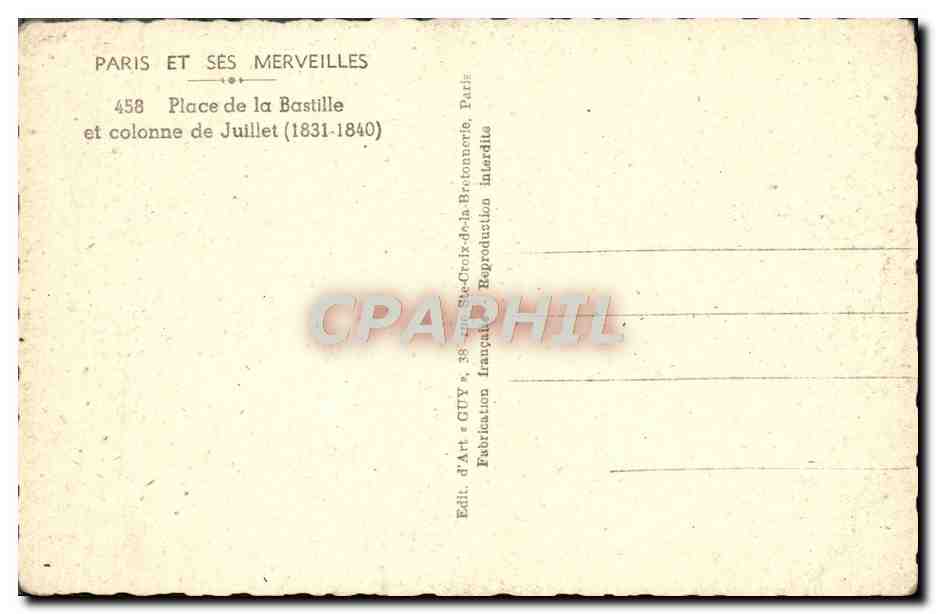 CPA Paris En Ses Merveilles Place De La Bastille Et Colonne De Juillet — Rückseite