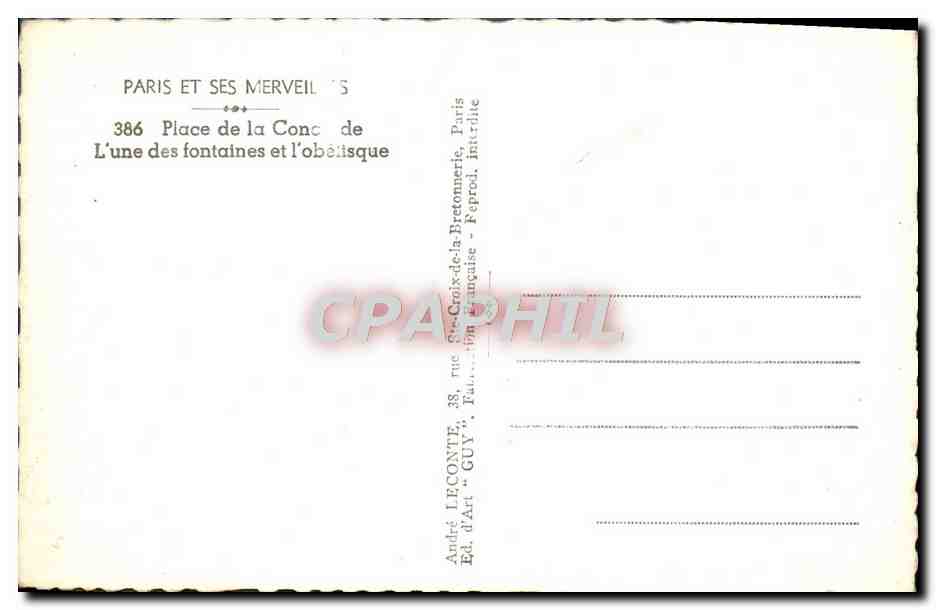 CPM Paris Et Ses Merveilles Place De La Concorde L'Une DEs Fontaines Et l'Obelisque — Rückseite