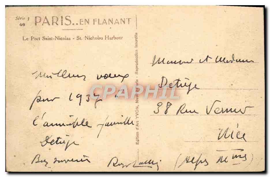 Antike Ansichtskarte Paris Spaziergang am Pont Saint Nicolas mit Peniche — Rückseite