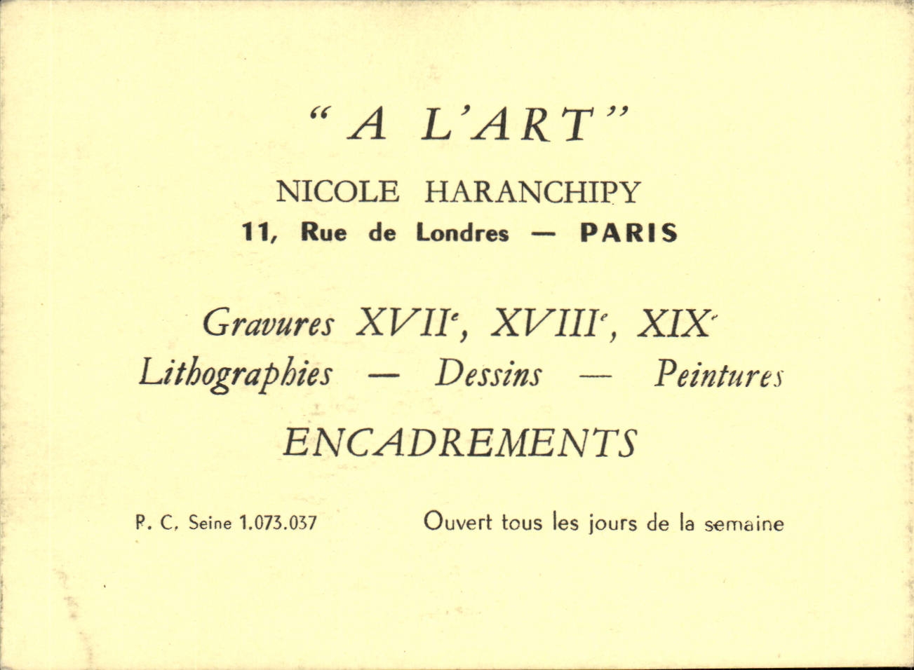 Carte de visite A L'Art Nicole Haranchipy Rue De Londres Paris