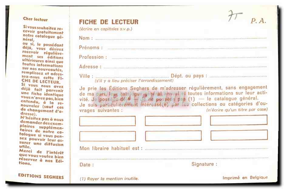 Fiche de Lecteur Editions Segnhers Rue De Vaugirard 16eme Paris — Verso