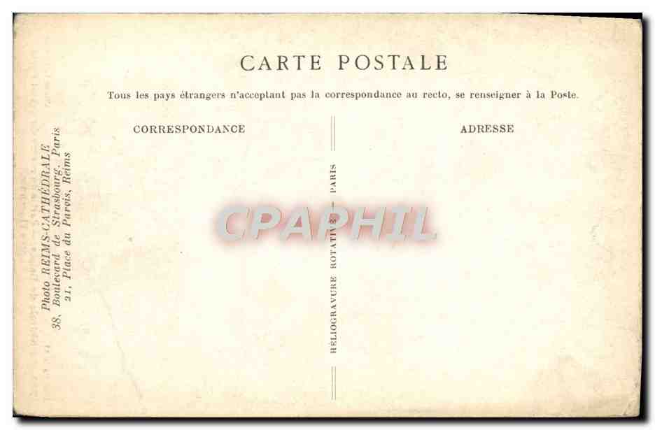 Cathédrale de Reims — Partie du revers du Grand Portail après l'incendie — Cliché L. Doucet, n° 240 — Rückseite