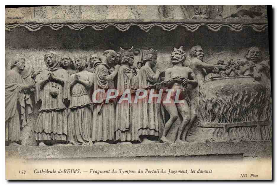 CPA Cathedrale De Reims Fragment Du Tympan Du Portail Du Jugement Les Damnes Diable