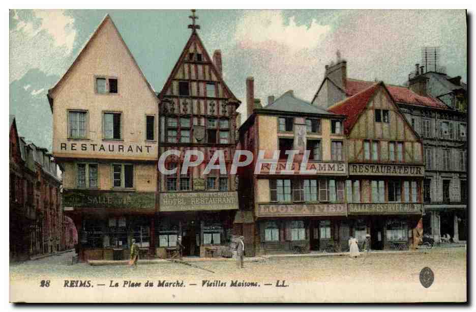 CPA Reims La Place Du Marche Vieilles Maisons Restaurant Rene Hamme 