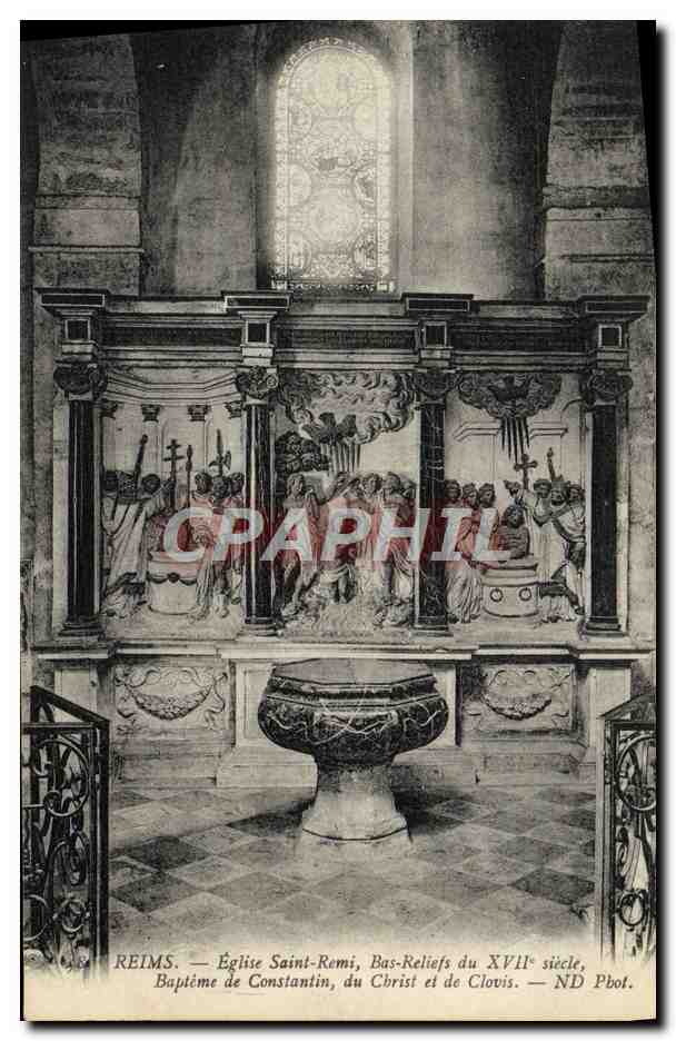 CPA Reims Eglise Saint Remi Bas Reliefs Du 17eme Bapteme de Constantin du Christ et de Clovis
