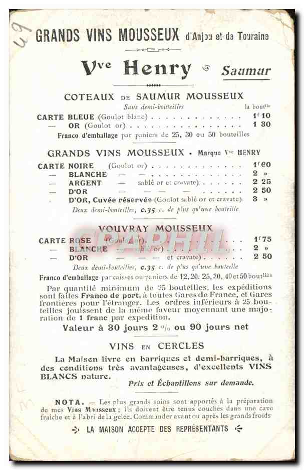CPA Saumur Hotel de Ville Publicite Vins Mousseux Veuve Henry  — Rückseite