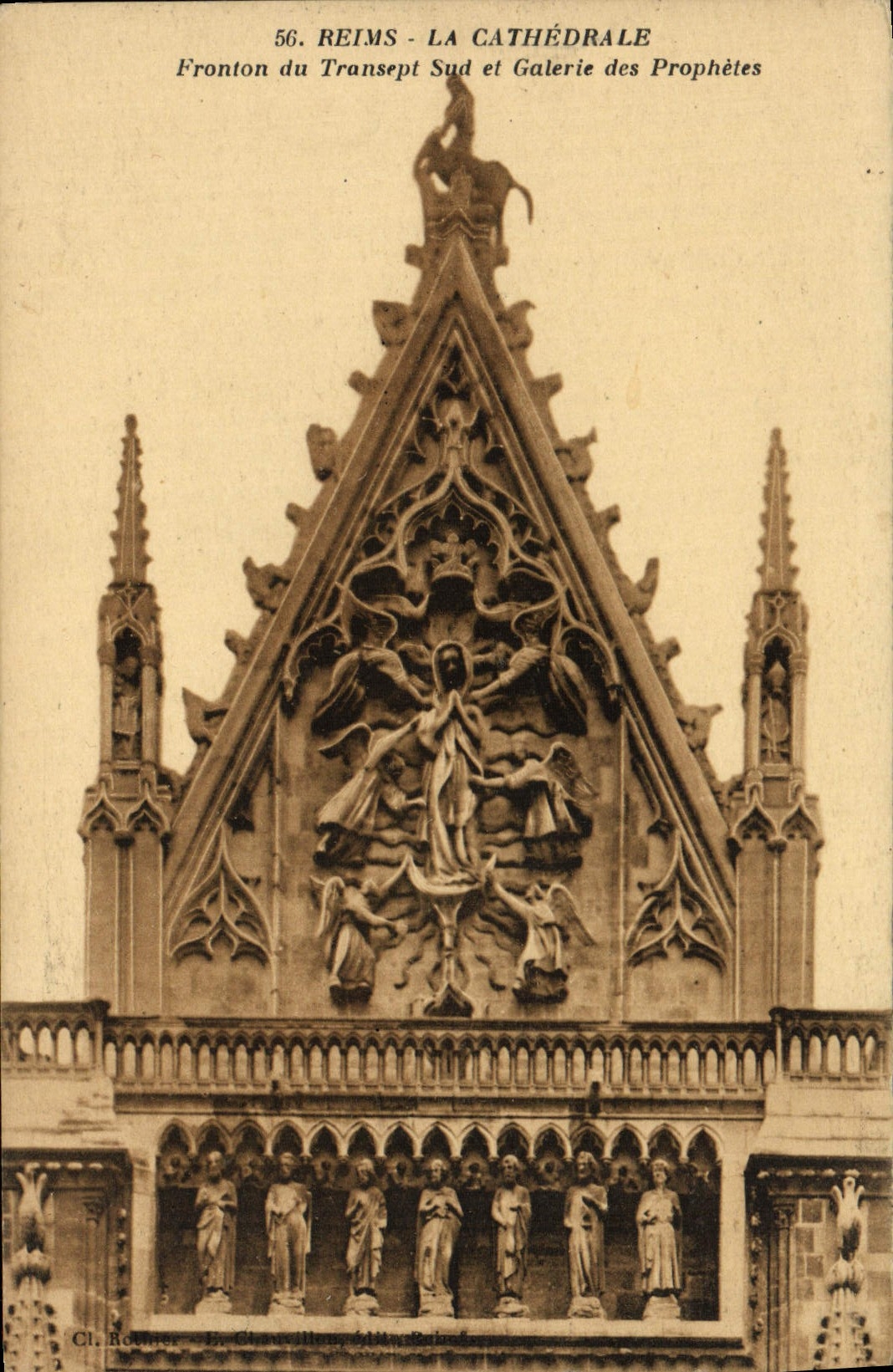 CPA Reims La Cathedrale Fronton du Transept Sud et Galerie des Prophetes