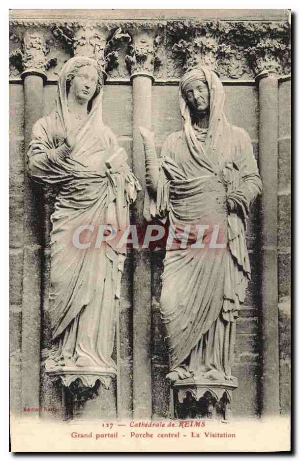 CPA Reims La Cathedrale Grand Portail Porche central La Visitation