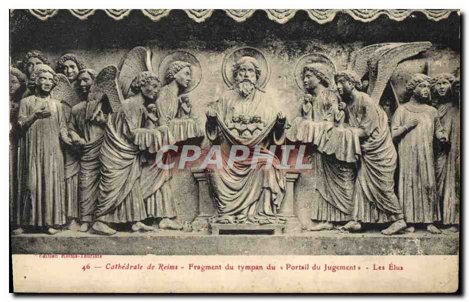 CPA Reims Cathedrale Fragment du tympan du Portail du Jugement Les Elus