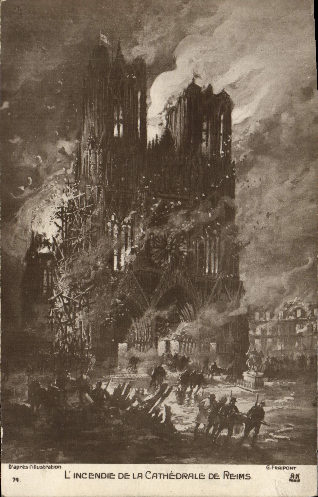 CPA Reims L'Incendie De La Cathedrale Militaria