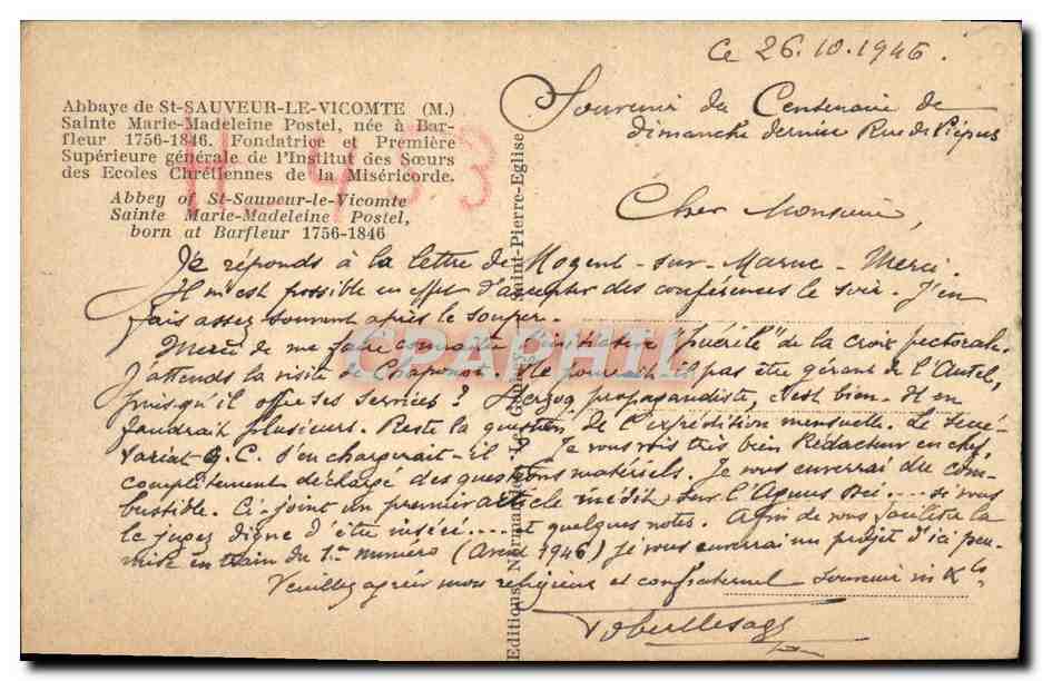 La Vénérable Marie Madeleine Postel — Abbaye de St-Sauveur-le-Vicomte — Éditeur L. Gubey, n° 3 — Verso