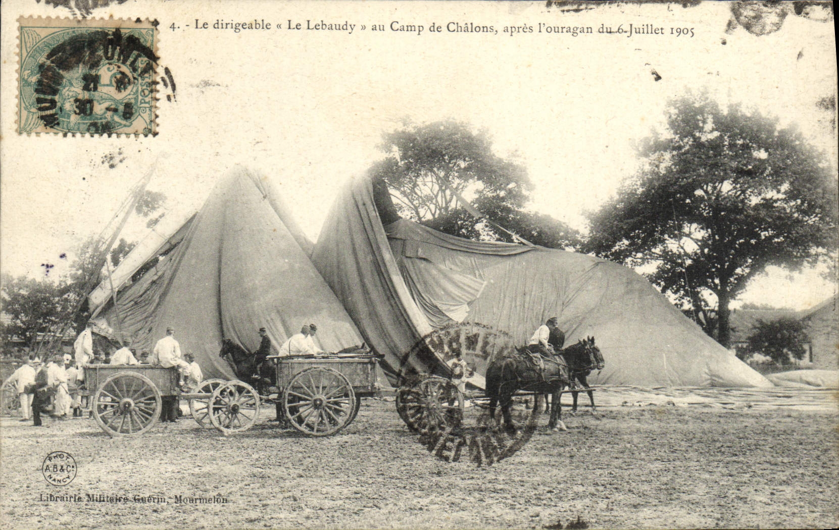 Dirigeable « Le Lebaudy » au Camp de Châlons — après l'ouragan du 6 juillet 1905 — Librairie Militaire Guérin, Mourmelon