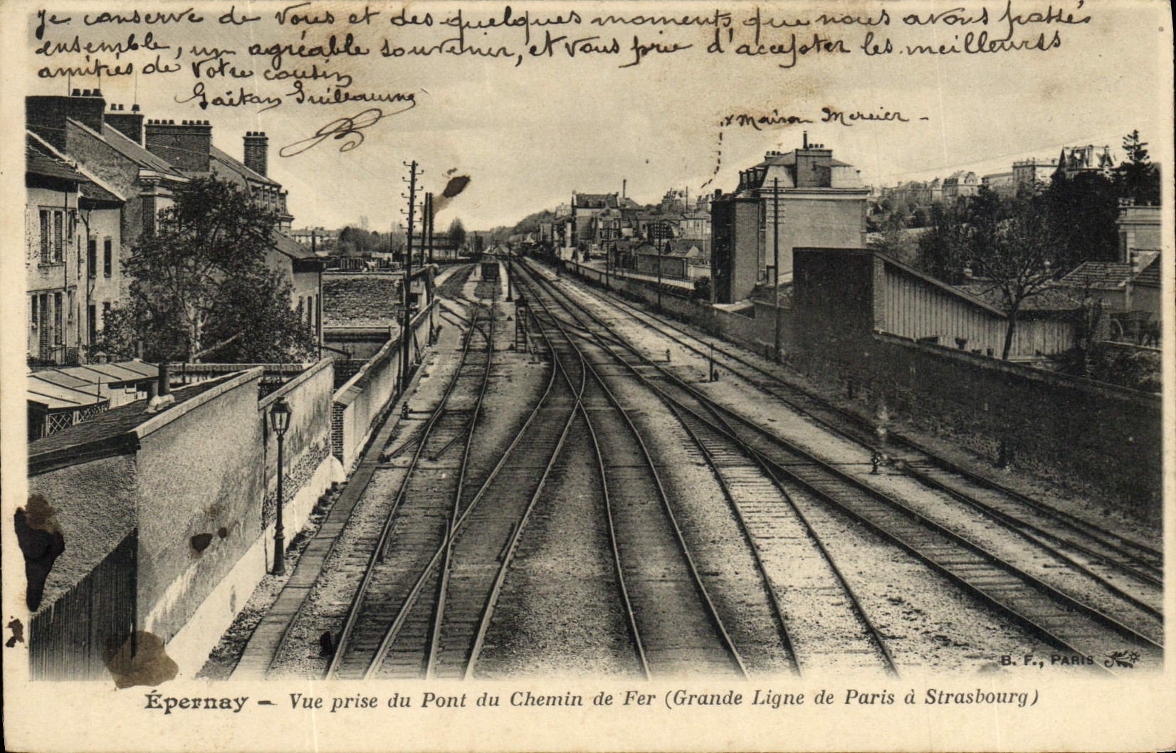 Épernay — Vue prise du Pont du Chemin de Fer (Grande Ligne de Paris à Strasbourg) — B. F., PARIS