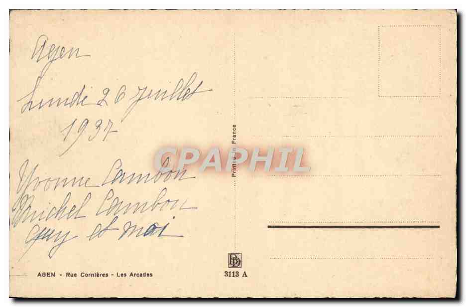 Agen - Rue Cornières - Les Arcades — vue de rue animée — éditeur Agen, n° 3113 A — Verso