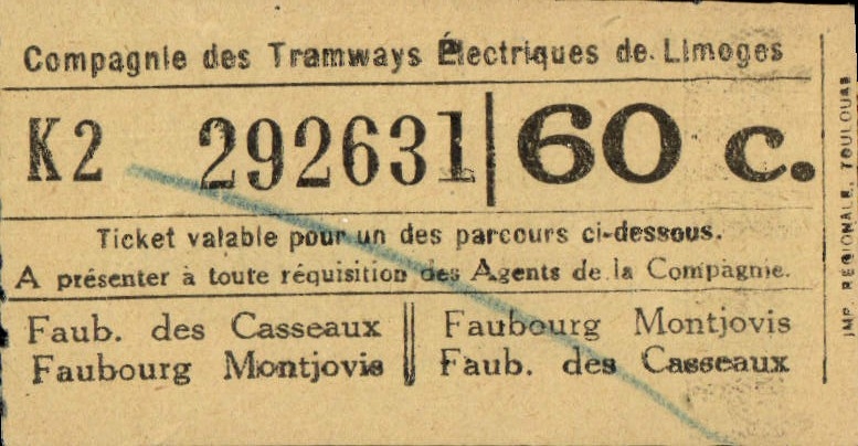 Ticket Compagne Des Tramways Limoges 60c Faubourg des Casseaux Montjovie 