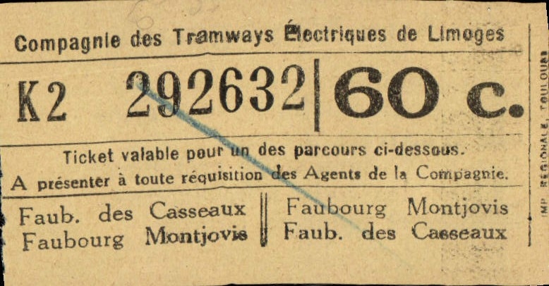 Ticket Compagne Des Tramways Limoges 60c Faubourg des Casseaux Montjovie 