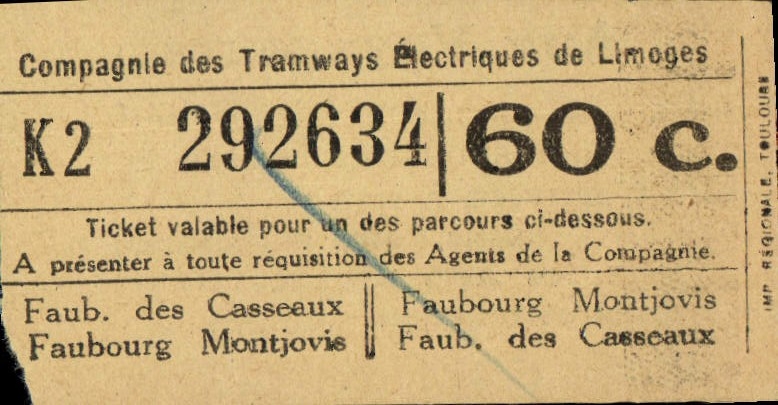 Ticket Compagne Des Tramways Limoges 60c Faubourg des Casseaux Montjovie 