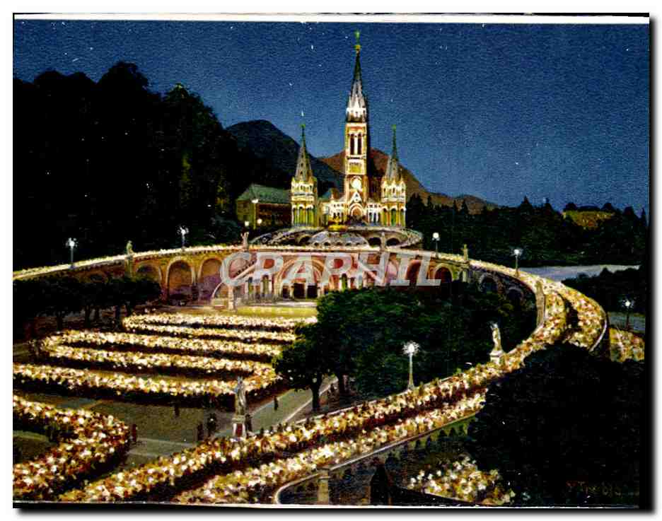 Lourdes — La Basilique illuminée et la Procession aux Flambeaux — CPAPHIL