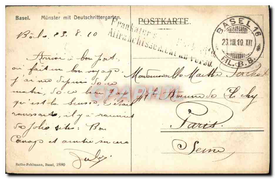 CPA Basel Munster mit Deutschrittergaten — Rückseite