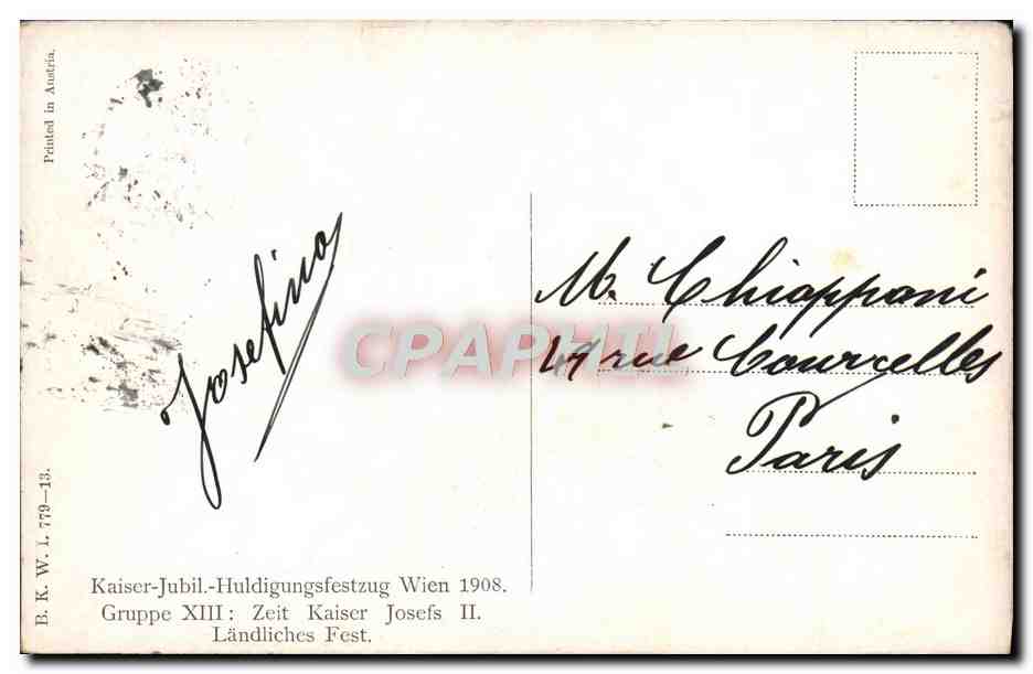 CPA Kaiser Jubil Huldigungsfestzug Wien Gruppe Zeit Kaiser Josefs 1908 Folklore  — Rückseite
