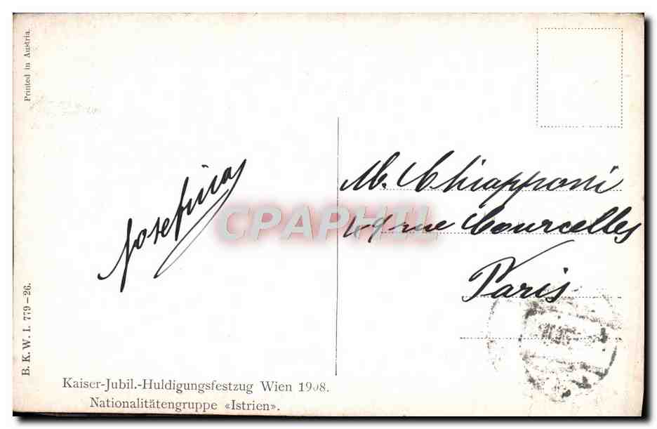 CPA Kaiser Jubil Huldigungsfestzug Wien Nationalitatengruppe Wien 1908 Nationalitatengruppe Istrien Folklore Ane — Rückseite
