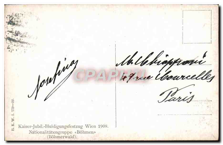CPA Kaiser Jubil Huldigungsfestzug Wien Nationalitatengruppe 1908 Boheme  — Rückseite