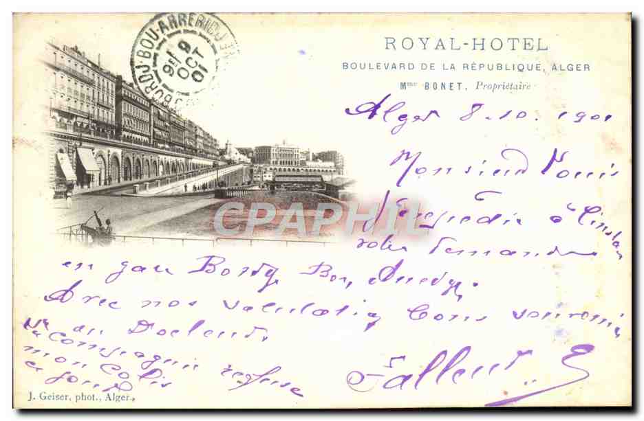 Vue de la ville d'Alger — Royal-Hotel, Boulevard de la République — J. Geiser, phot. Alger