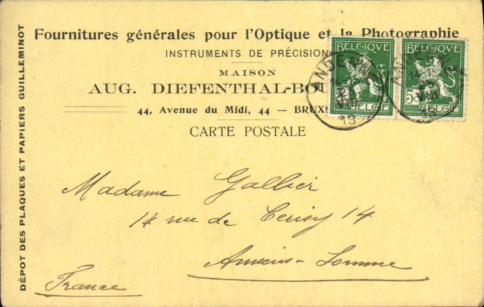 Entier Diefenthal Fournitures generale pour l'optique et la Photographie Avenue du Midi Bruxelles Optique