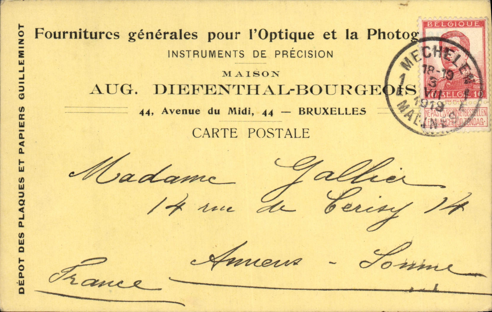 Entier Diefenthal Fournitures generale pour l'optique et la Photographie Avenue du Midi Bruxelles Optique