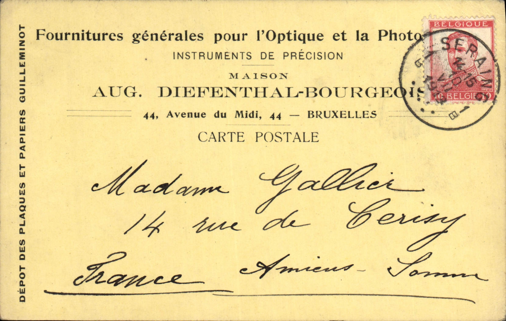 Entier Diefenthal Fournitures generale pour l'optique et la Photographie Avenue du Midi Bruxelles Optique