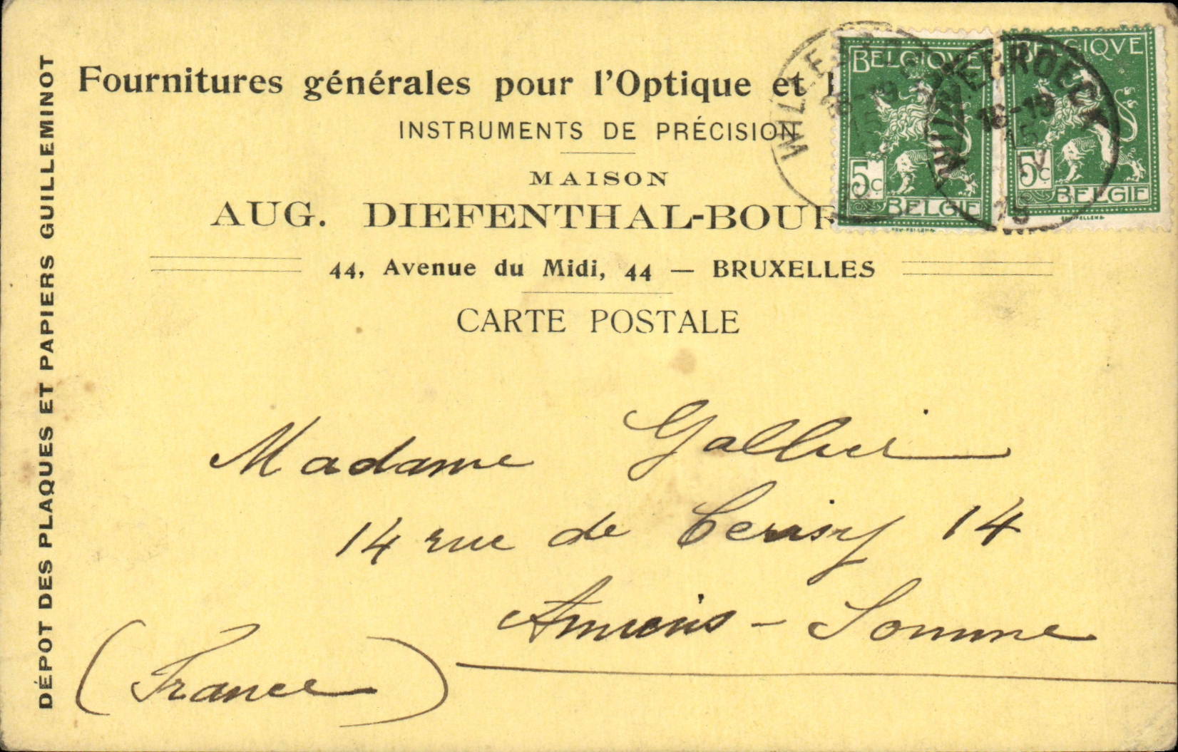 Entier Diefenthal Fournitures generale pour l'optique et la Photographie Avenue du Midi Bruxelles Optique