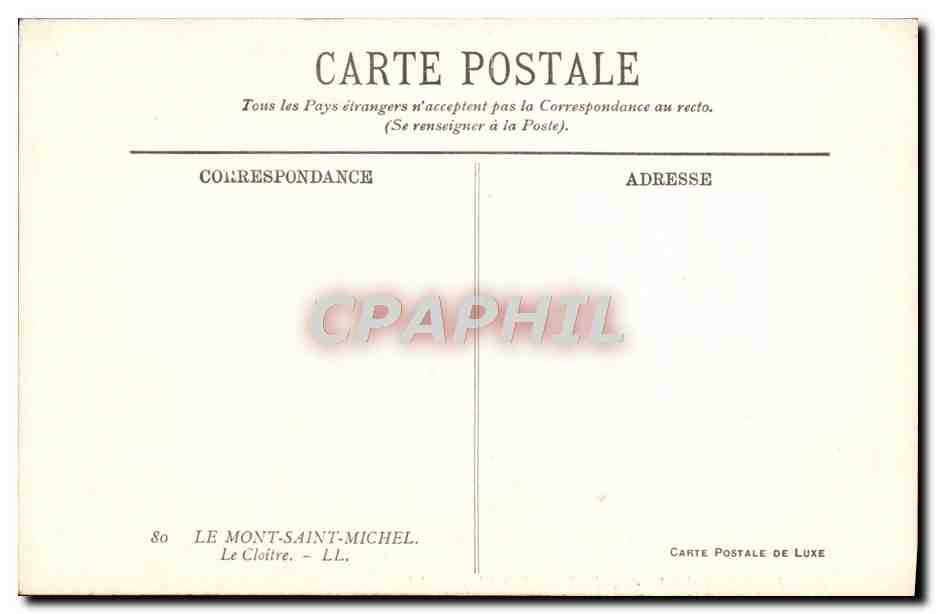 Le Mont-Saint-Michel — Le Cloître — Carte postale de luxe L.L. — Verso