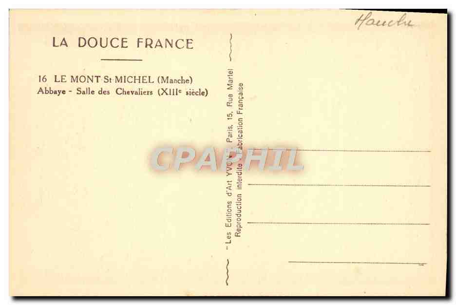 CPA La Douce France Le Mont St Michel Abbaye Salle Des Chevaliers — Verso