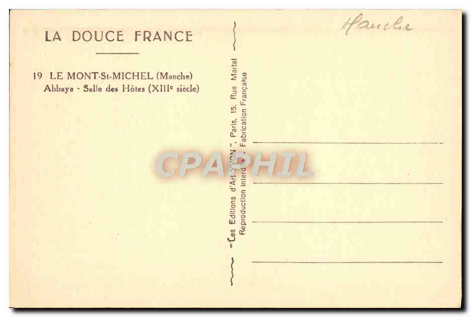 CPA La Douce France Le Mont St Michel Abbaye Salle Des Hotes — Verso