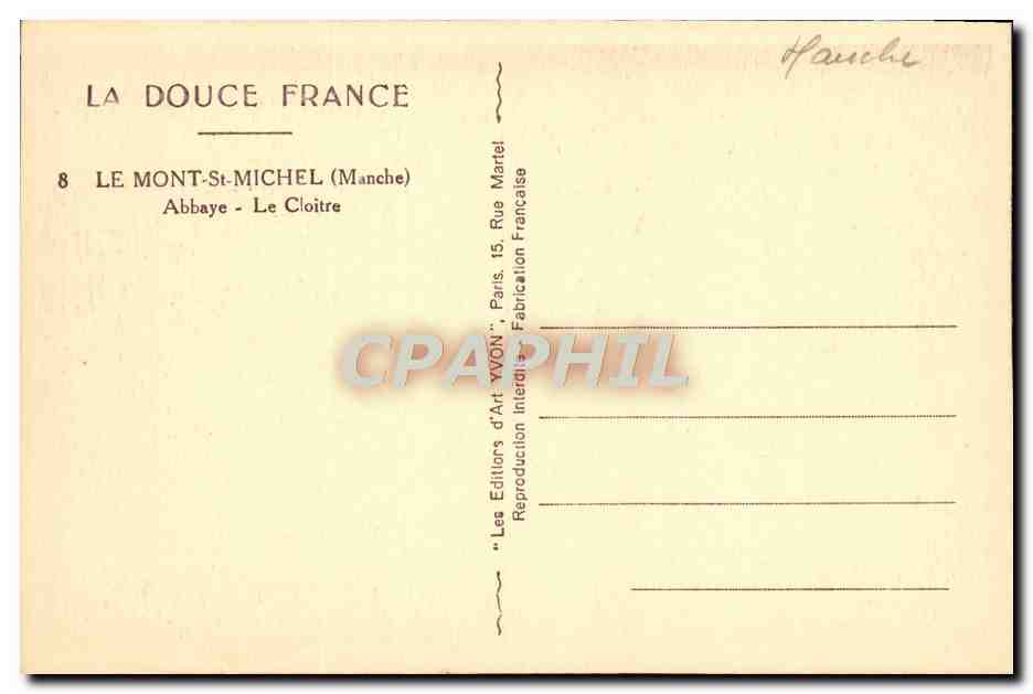 CPA La Douce France Le Mont St Michel Abbaye Le Cloitre — Verso