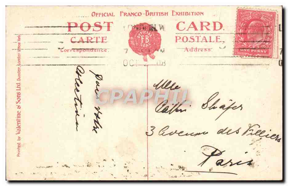 CPA Swan Bont Franco British Exhibition London 1908 — Rückseite