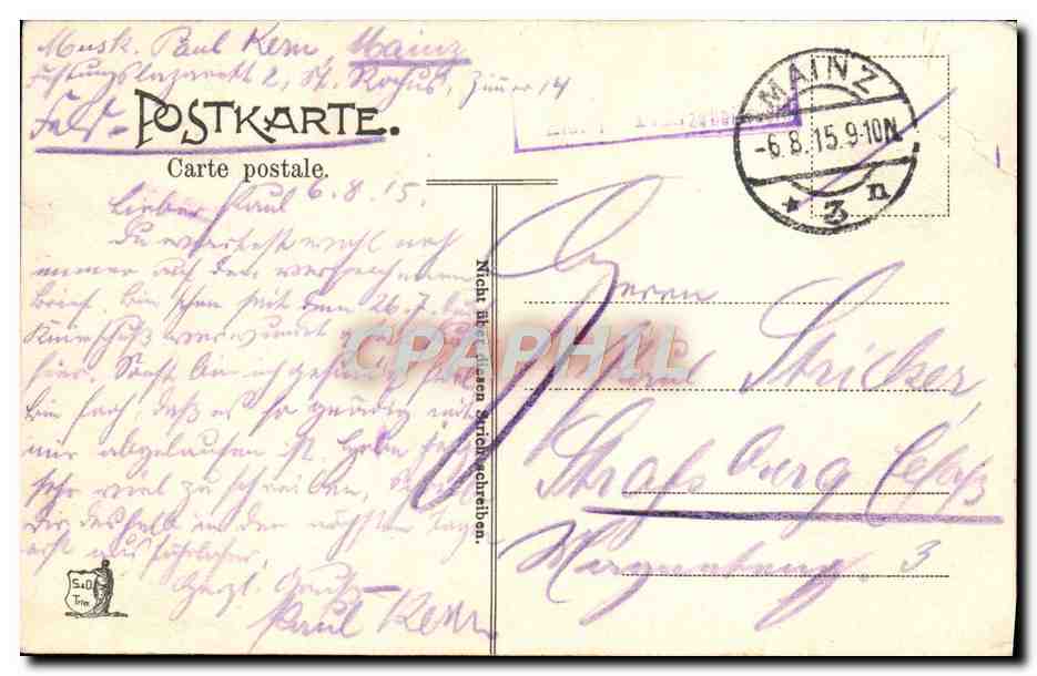 CPA Mainz Rheinstrasse Und Stadthalle — Rückseite