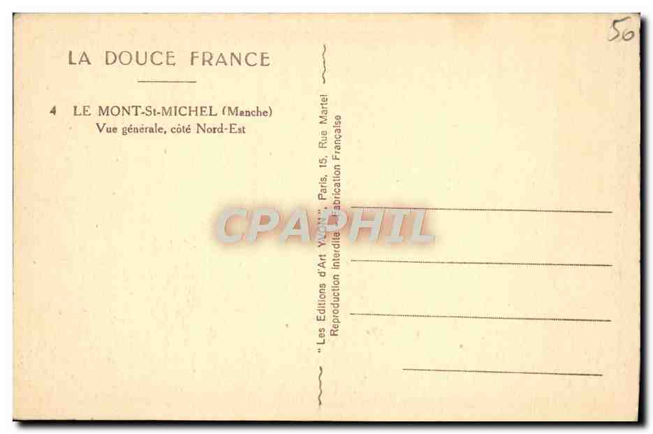Le Mont-Saint-Michel — Vue générale, côté Nord-Est — Les Éditions d'Art Yvon, Paris — Verso