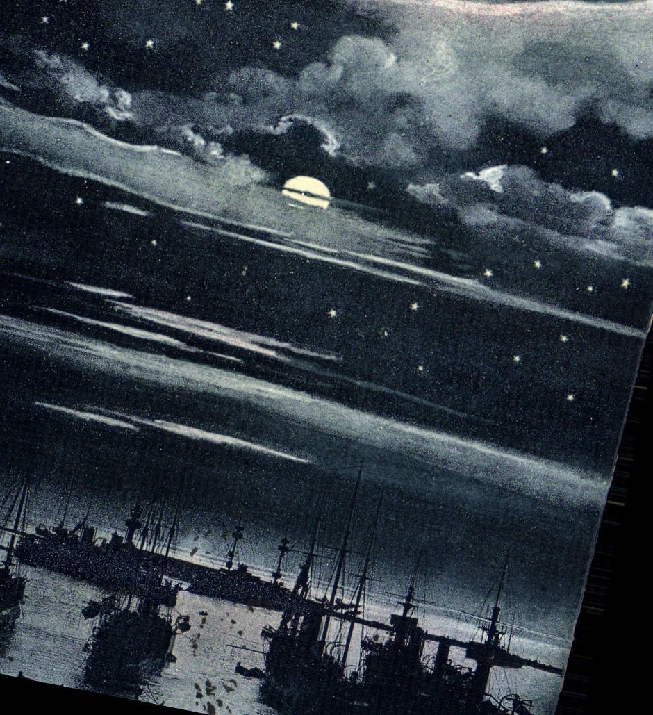 Port de nuit — croquis maritime sous la lune — J. Geiser, Alger