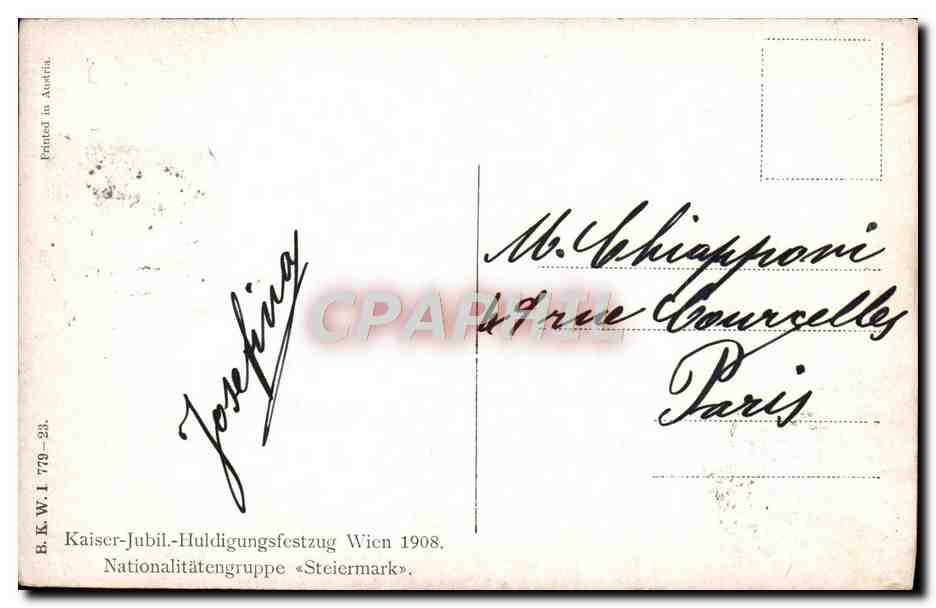 Fête nationale de la Steiermark — Kaiser-Jubiläumsfestzug Wien 1908 — éditeur B.K.W.I. 779-23 — Verso